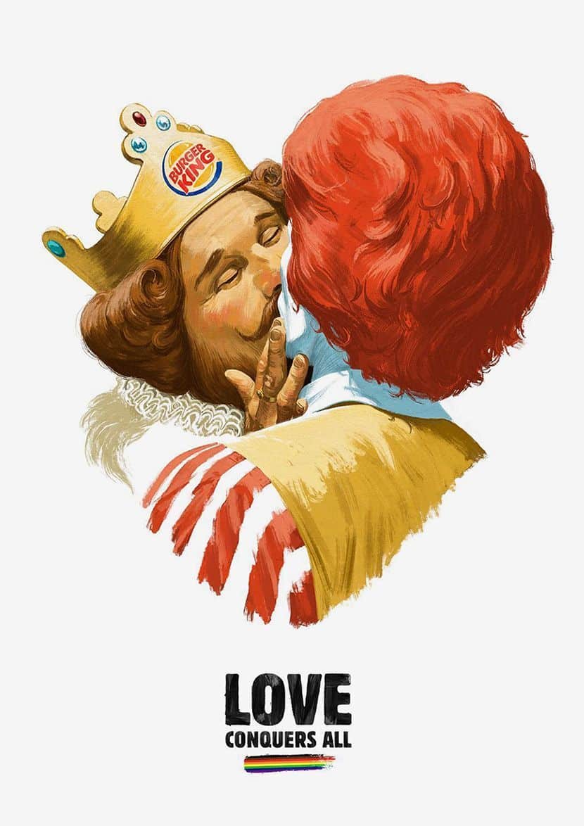 Beso entre las mascotas de Burger King y McDonald's Beso entre las mascotas de Burger King y McDonald's